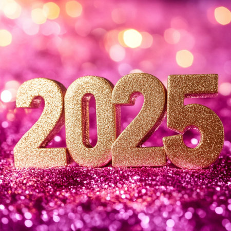 Happy New Year 2015. Golden number on pink abstract glitter background.の素材