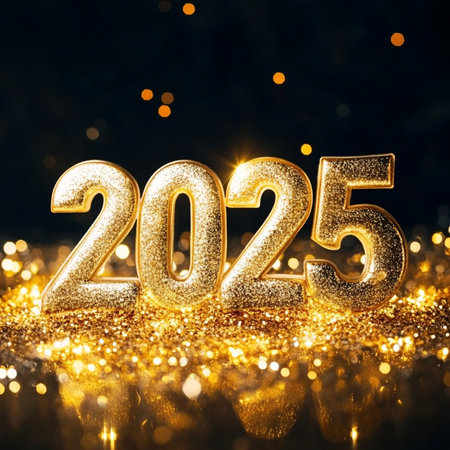 Happy new year 2015. Gold numbers on glitter bokeh backgroundの素材