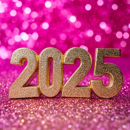 Number 2025 gold celebration on a pink bokeh background.の素材