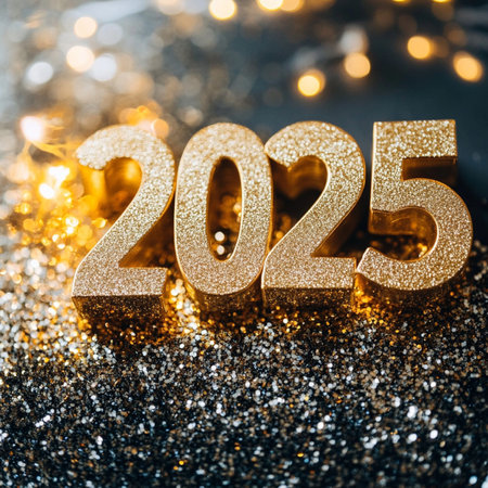 New Year's Eve celebration gold glittering background with bokeh lightsの素材