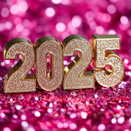Happy New Year 2015. Golden number on a pink glitter background.の素材