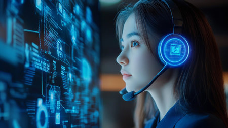Asian female call center operator wearing headset working with customer support hotline.の素材