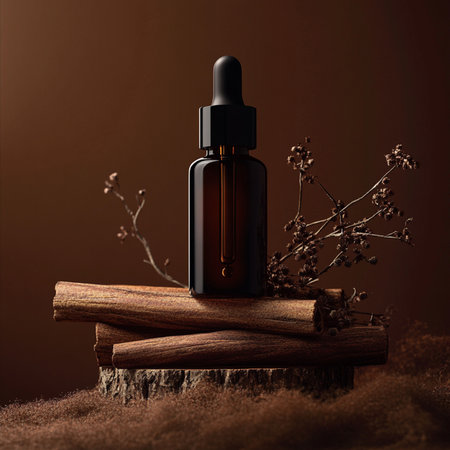 Essential oil in a glass bottle with cinnamon on a brown backgroundの素材