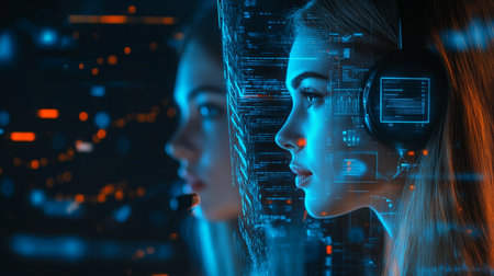 Serious young woman in headphones looking at computer screen. 3D renderingの素材