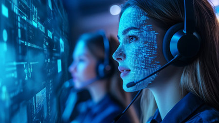 Serious call center operator with headset looking at camera in dark officeの素材