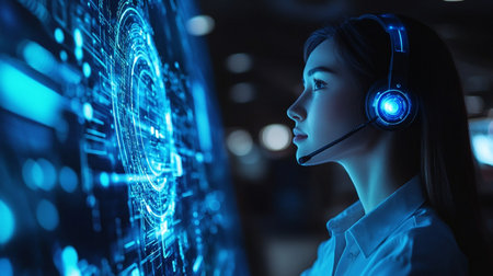 Portrait of young businesswoman wearing headset and looking at virtual screenの素材