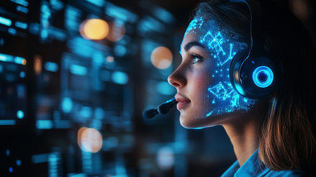 Young female telemarketer with headset against futuristic blue and black backgroundの素材