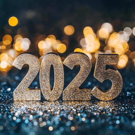 New year 2015 golden glittering number on bokeh background.の素材