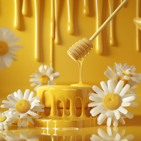 Honey dripping from a dipper on a yellow background with daisiesの素材