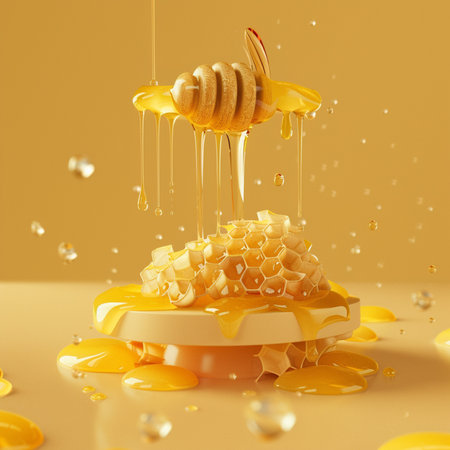 Honey dripping from dipper into honeycombs on yellow backgroundの素材