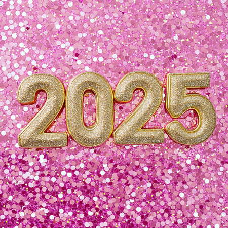 2025 golden number on a pink glitter background. Happy New Yearの素材