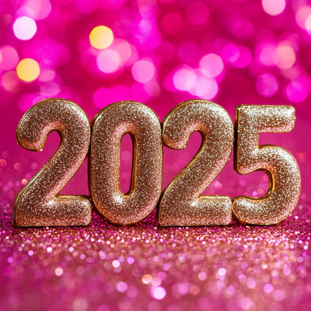 New Year 2015 gold glittering number on bokeh background.の素材
