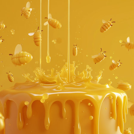Honey dripping from yellow honey dipper. 3d render.の素材