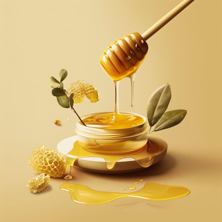 Honey dripping from a wooden honey dipper into a jar with fresh organic honey on beige backgroundの素材