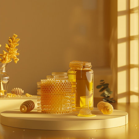 Honey in a jar with honeycombs. 3d renderingの素材