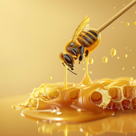 Honey dripping from a wooden honey dipper on yellow background. 3d renderingの素材