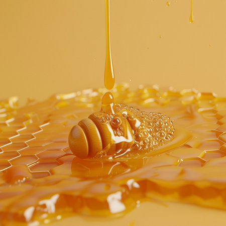 Honey dripping from a wooden honey dipper. 3d renderingの素材