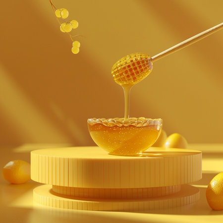 Honey dipper and honeycomb on yellow background. 3d renderingの素材