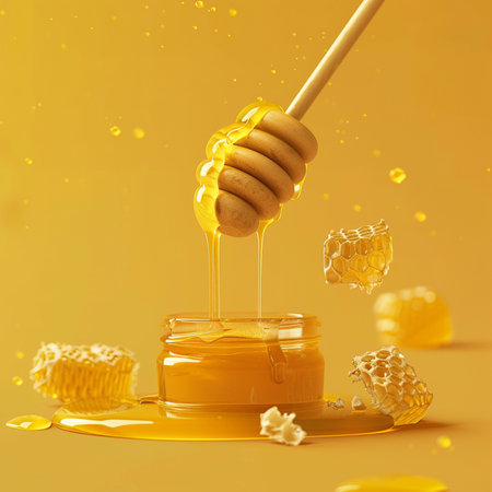 Honey dripping from a wooden honey dipper into a jar with honeycombs on a yellow backgroundの素材