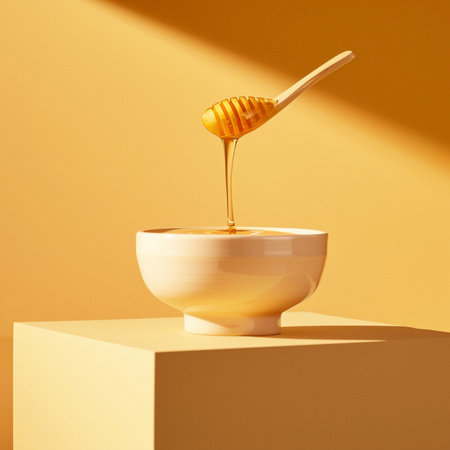 Honey dripping from a wooden honey dipper into a bowl on a yellow backgroundの素材