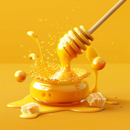 Honey dripping from a wooden honey dipper. 3d renderingの素材