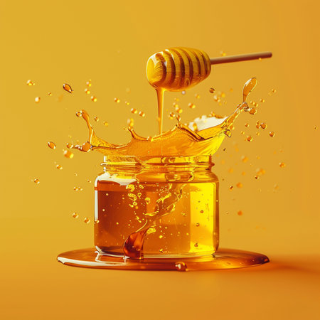 Honey dripping from a wooden honey dipper into a glass jar. 3d renderingの素材