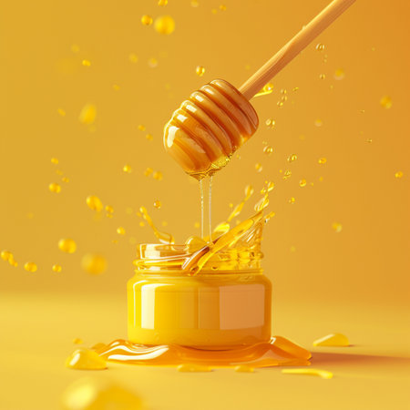 Honey dripping from a wooden honey dipper into a jar. 3d renderingの素材