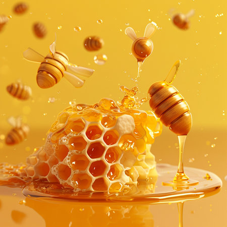 Honey dripping from a honeycombs filled with sweet honey. 3d renderingの素材