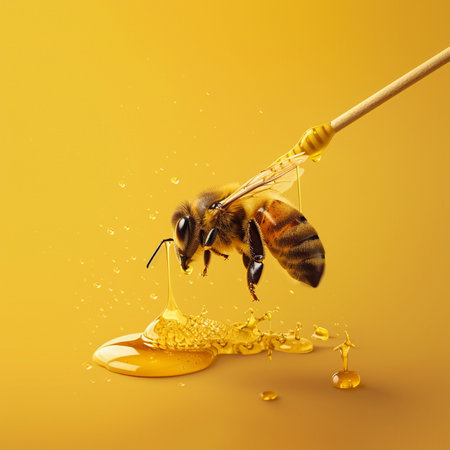 Honey pouring from a wooden honey dipper into a bowl on yellow background.の素材