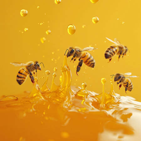 flow of honey with bees on a yellow background. 3d renderingの素材