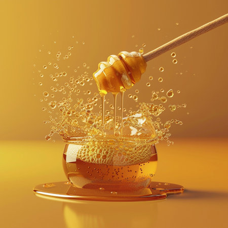 Honey pouring from a wooden honey dipper into a cup of teaの素材