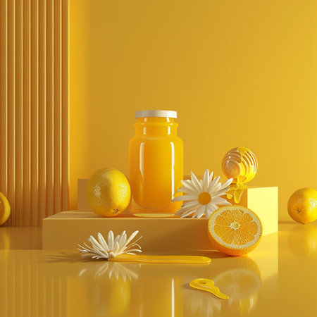 Lemon and honey on a yellow background. 3d rendering.の素材