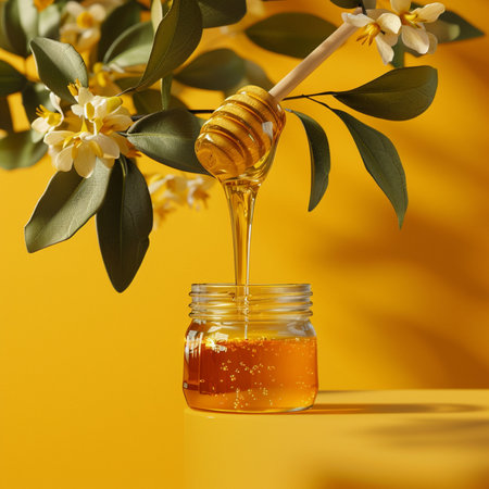 Jar of honey with jasmine flowers and wooden drizzler on yellow backgroundの素材