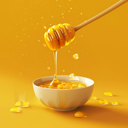 Honey pouring from a wooden honey dipper into a bowl on a yellow backgroundの素材
