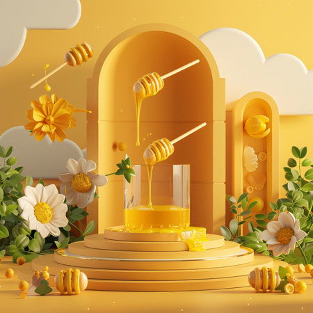 3d render of honey product display podium. 3d illustration.の素材