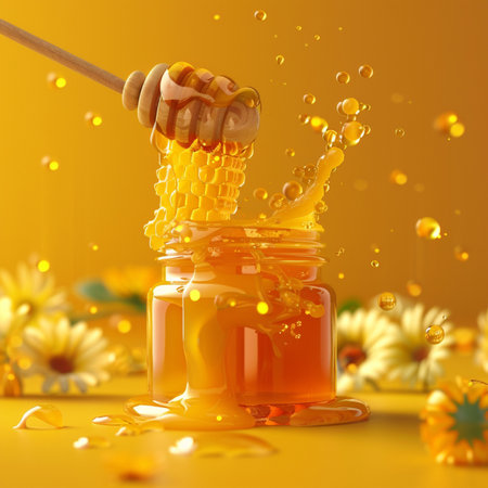 Honey dripping from a wooden honey dipper into a jar with honeycombs on a yellow backgroundの素材