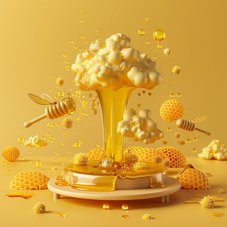 3d render of honeycombs, honeycombs and bees on yellow backgroundの素材