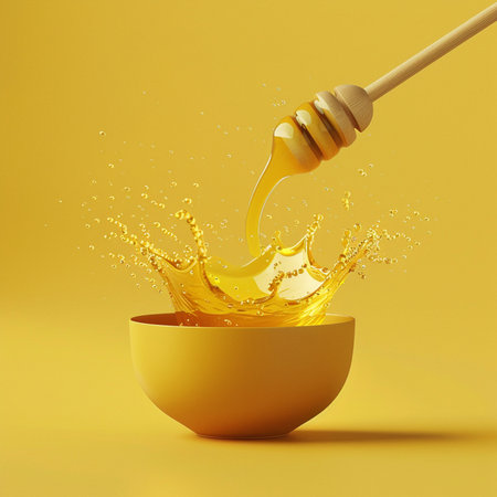 Honey pouring from a wooden honey dipper into a bowl on a yellow backgroundの素材