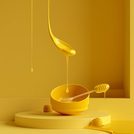 3d rendering of golden honey dripping from a wooden honey dipper in the yellow roomの素材