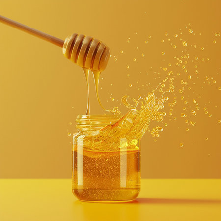 Honey dripping from a wooden honey dipper into a glass jar on a yellow backgroundの素材