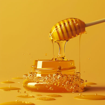 Honey dripping from a wooden honey dipper. 3d renderingの素材
