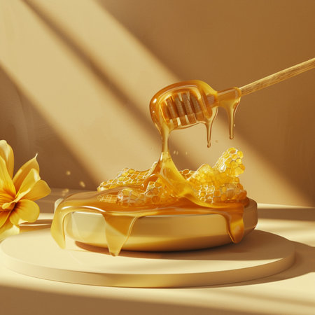 Honey dripping from a wooden honey dipper into a bowl. 3d renderingの素材