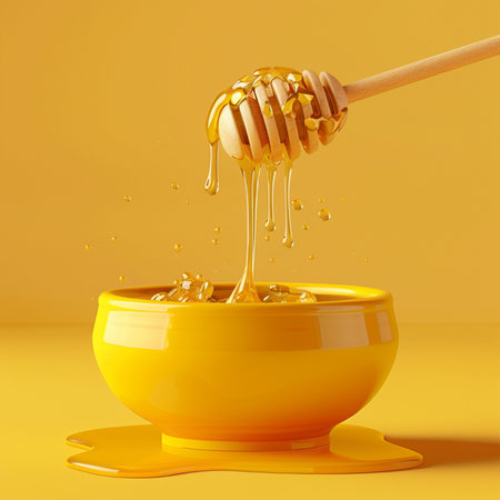 Honey dripping from a wooden honey dipper into a yellow bowl on a yellow backgroundの素材