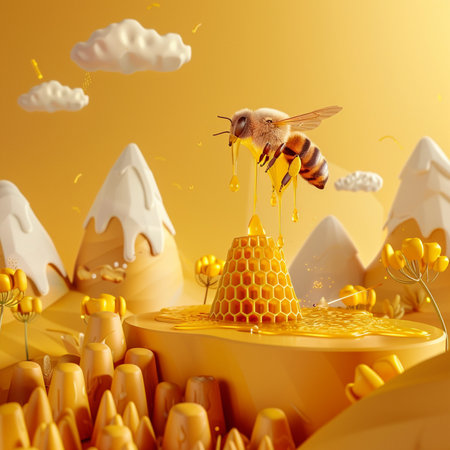 Honeycombs and bees. 3D illustration. 3D rendering.の素材