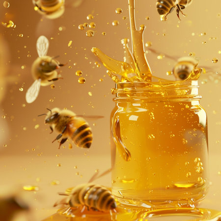 Honey dripping from a honeycombs into a glass jar.の素材