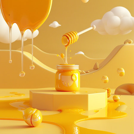 Honey dripping from a honey dipper into a jar. 3d renderingの素材