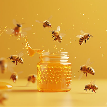 Honey in a glass jar and flying bees on a yellow backgroundの素材