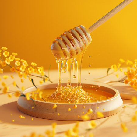 Honey dripping from a wooden honey dipper into a bowl on yellow backgroundの素材