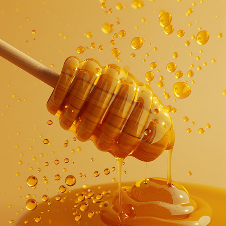 Honey dripping from a wooden honey dipper. 3d renderingの素材