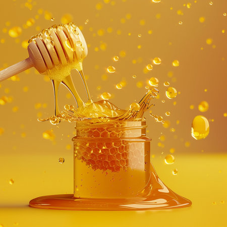 Honey dripping from a wooden honey dipper into a jar on a yellow backgroundの素材